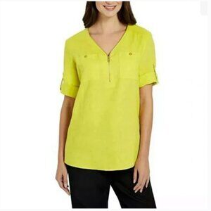 Ellen Tracy Linen Yellow Roll-Tab Blouse - Size Sm